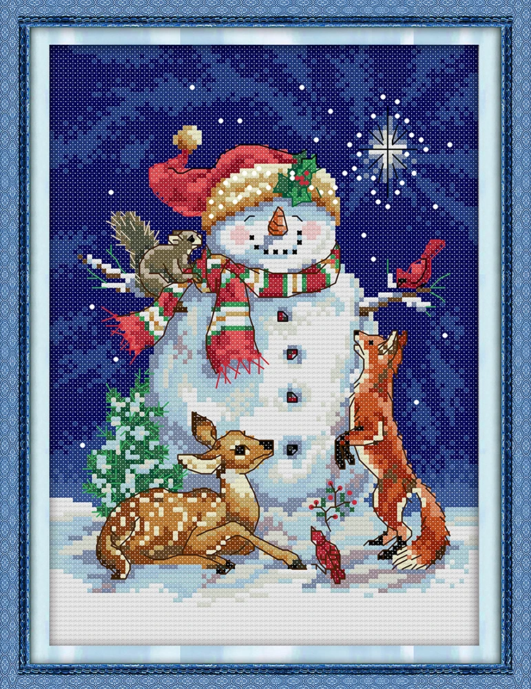 Midnight snowman cross stitch kit cartoon winter snow 14ct 11ct print canvas stitching embroidery DIY handmade needlework