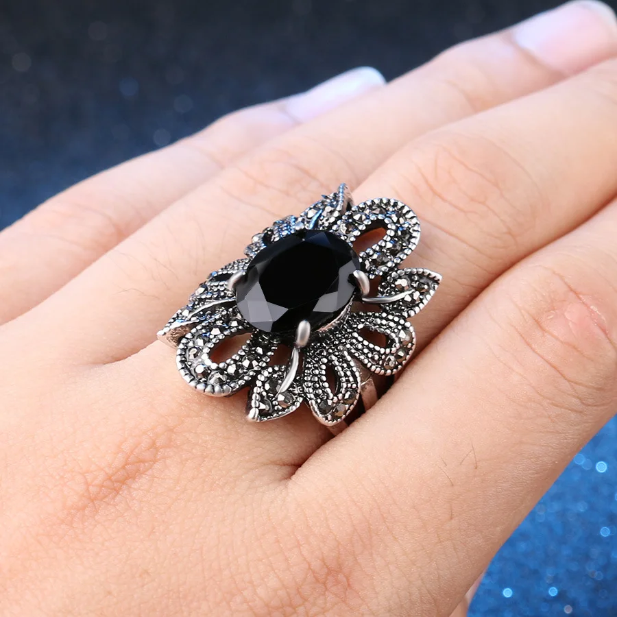 punk silver color jewelry Masonic imitated Opals Rings anel flowers Wedding Rings for women Black 30mm Wide vintage Rings