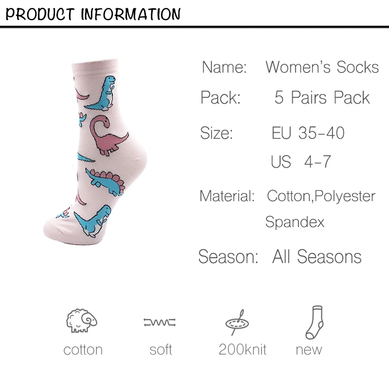 VPM Women's Dress Socks Colorful Cartoon Funny Dinosaur Alien Sushi Pineapple Avocado Christmas Sock for Girl 5 Pairs/Lot