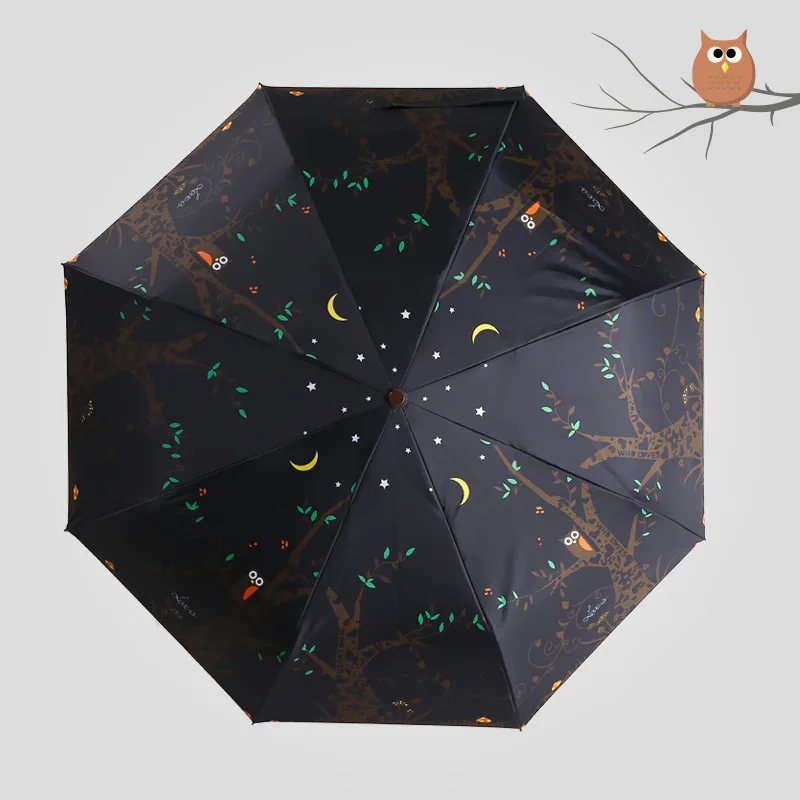 Excellent Owl Automatic Folding Umbrella Woman Anti UV Windproof Black Coating Parasols Umbrellas Paraguas Rain Ladies