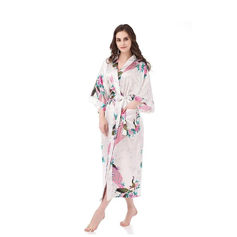 

Women's Kimono Long Robe Peacock & Blossoms Long Kimono Robe With Pocket Sexy Wedding Bride Bridesmaids Robe Big Size D130-01