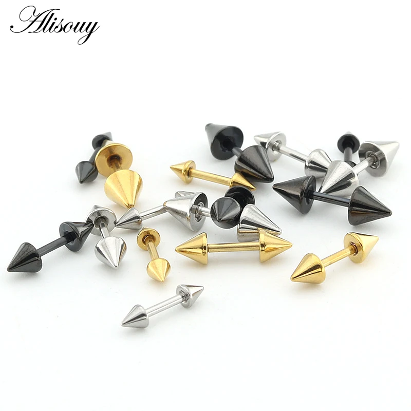 Alisouy Hot 2 Pcs Unisex Punk Rock Personality Stainless Steel Spike Rivet Sharp Cone Taper Mem Women Stud Earrings 3 Colors