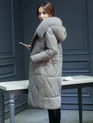 Abrigos de plumón de pato de piel de oveja 2023 auténtica para mujer, con capucha de piel de zorro Natural grande, Parkas cálidas de Invierno para mujer, gris xxxl