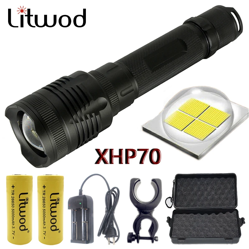 

Z20 Litwod P78 Original XHP70 32w chip lamp 3200lm powerful zoom lens Tactical LED flashlight torch 10000mAh 26650 battery