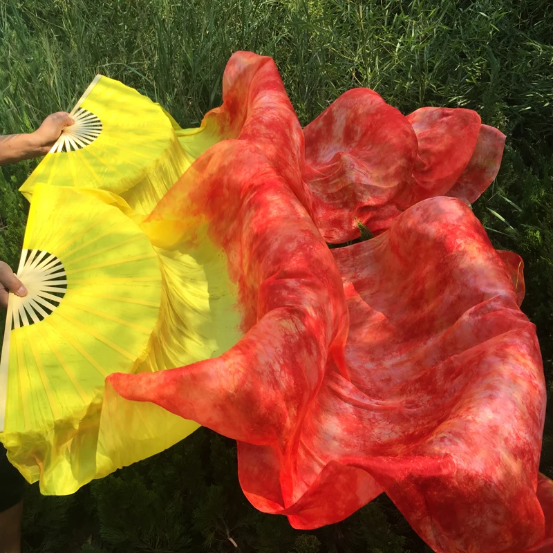 New Yellow tie-dyed 100% pure real Silk Fan Veils for Belly Dancing  Sexy 180cm long silk Fan for dancers or stage Show