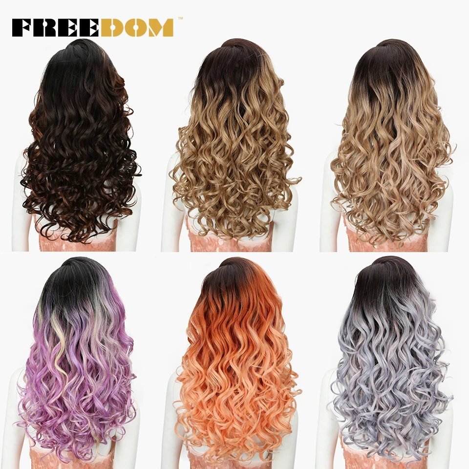 FREEDOM Synthetic Lace Wig Pink Rainbow Blonde Orange Wig for Black Women 7 COLOR 150% Density Natural Look Heat Resistant