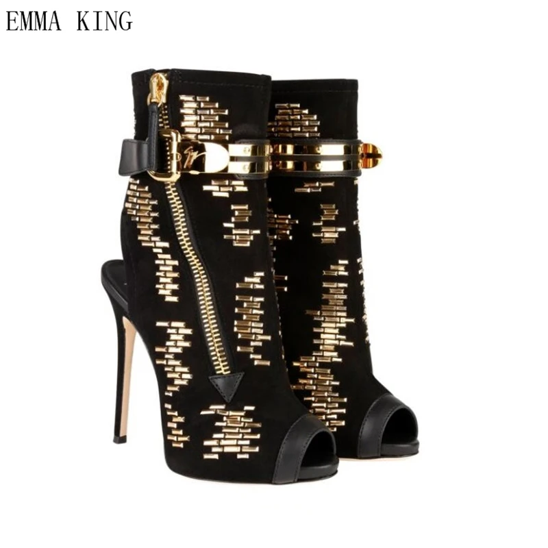 Emma King Peep Toe Buckle Ankle Wrap Summer Sandals Gold Stud Gladiator Heels Bling Embellished Zipper Slingbacks Boots Ladies18