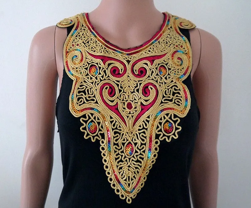 1pc Craft Gold collar Venise Sequin Floral Embroidered Applique Trim Decorated Lace Neckline Collar Sewing