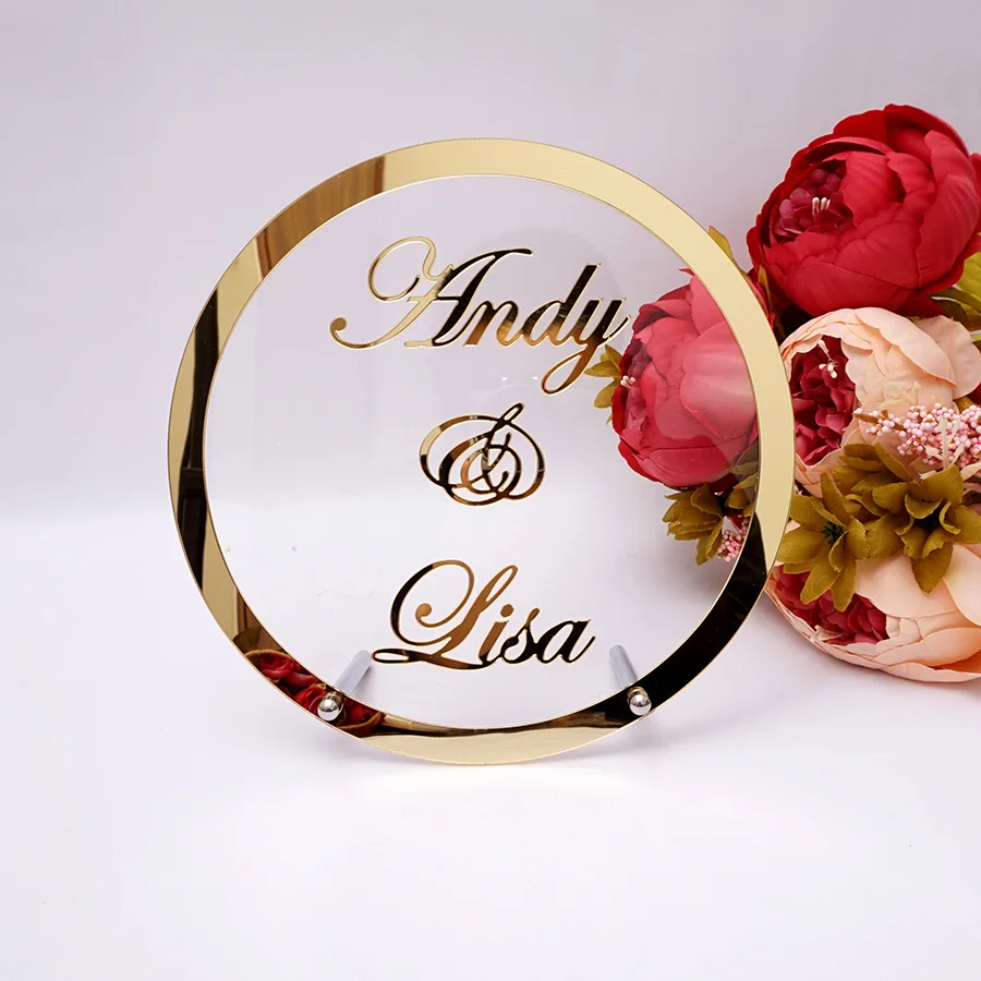 Round Custom Wedding Name Personalized Mirror Frame Acrylic Babyshower Word Sign Circle Shape Party Decor With Nail Guest Gifts