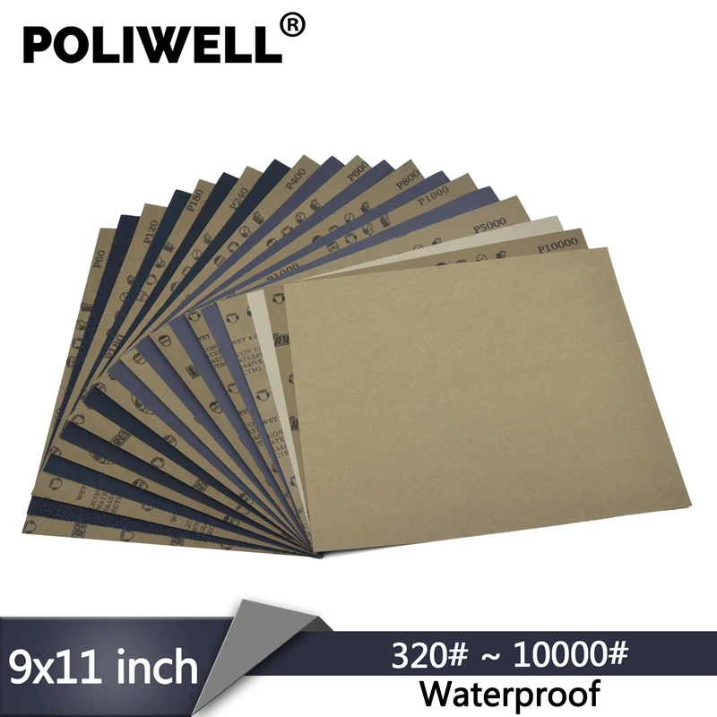 Полировальная бумага POLIWELL, водостойкая абразивная бумага 9 "x 11" 320 ~ 10000 зерен для влажной/сухой автомобильной шлифовки, полировки мебели