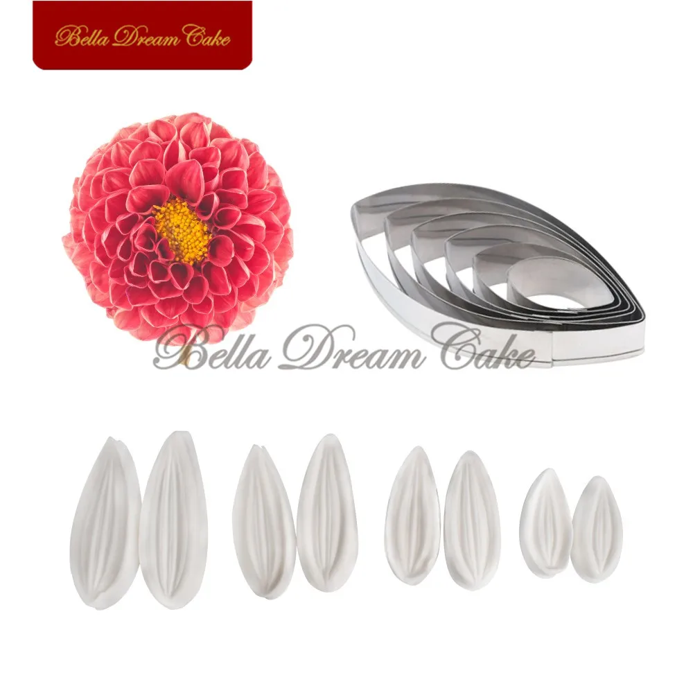 14pcs/set Dahlia Flower Petal Veiner Silicone Molds Stainless Steel Cutter Fondant Mold DIY Cake Decorating Tool Bakeware