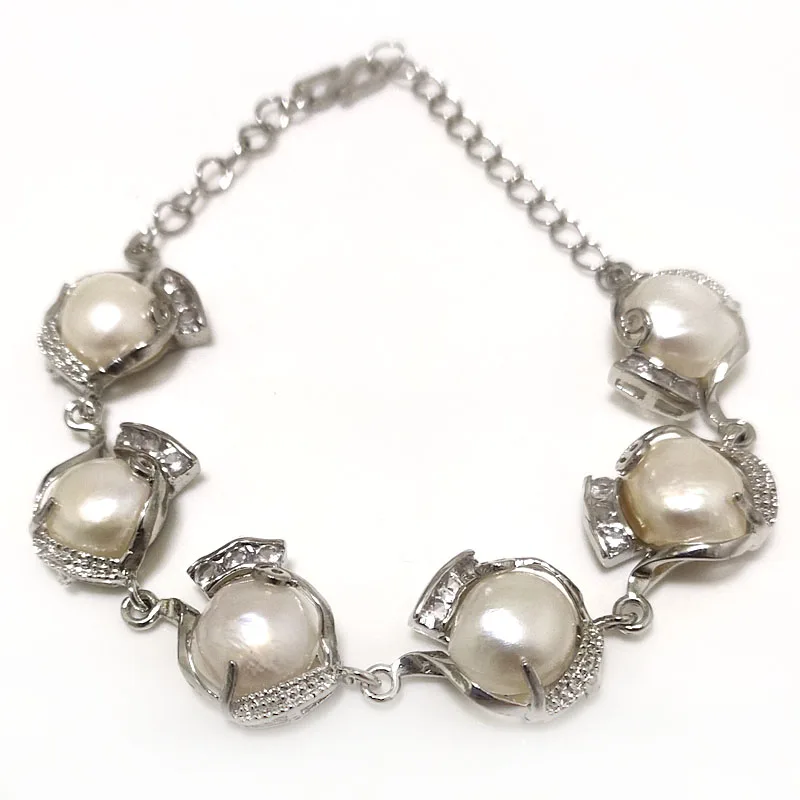 8 inches Silver Natural White Freshwater Baroque Pearl Bracelet