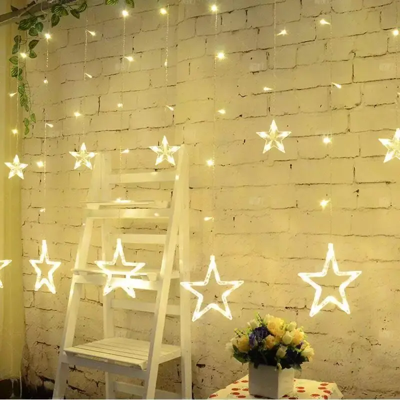 Fancysfull 2M Bintang Peri Romantis Led Tali Tirai Cahaya Hangat Putih EU220V Xmas Garland Cahaya untuk Pesta Pernikahan Liburan Deco