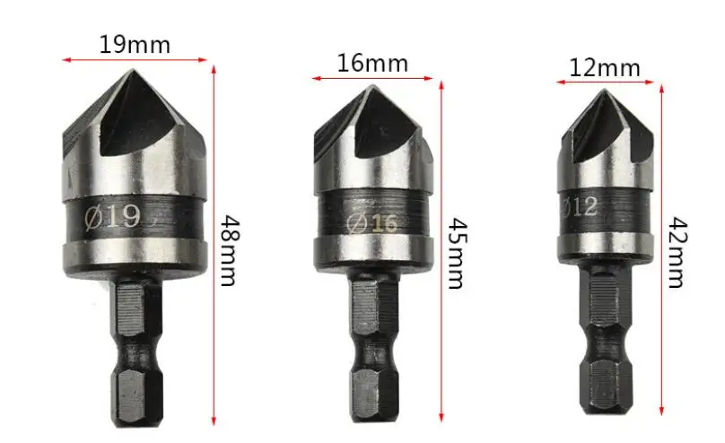 Carbon steel 90 degree hexagonal handle five-edged chamfer 12/16/19mm 3pcs one set Chamfer cutter drill wood opener NO.B1325