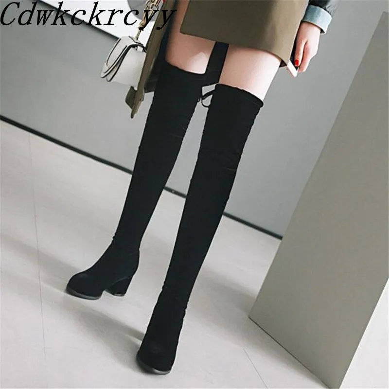 winter New pattern fashion Round head gules sexy Over knee Elastic force Boots Square following Add wool Keep warm Women Boots