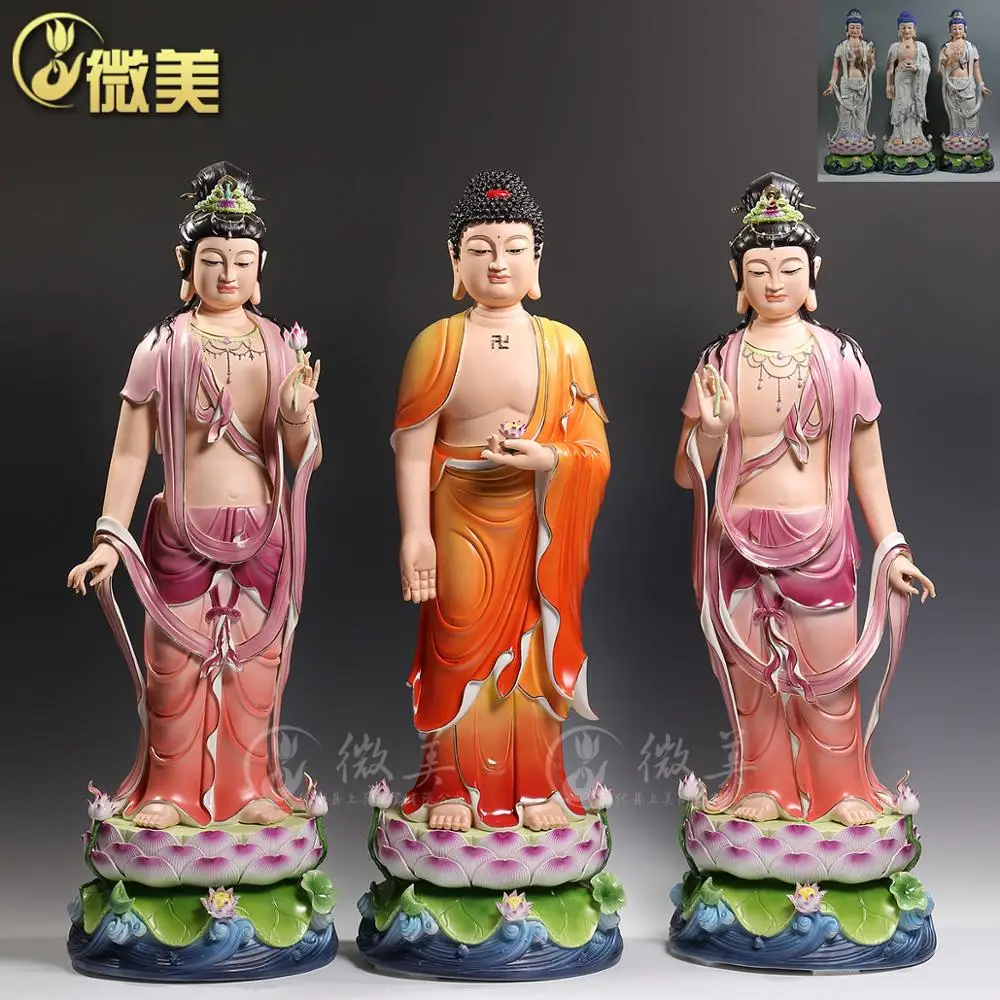 Dehua ceramic blue and white color 32 inch Sam West Avalokiteshvara Amitabha mahasthamaprapta painted statues and ornaments