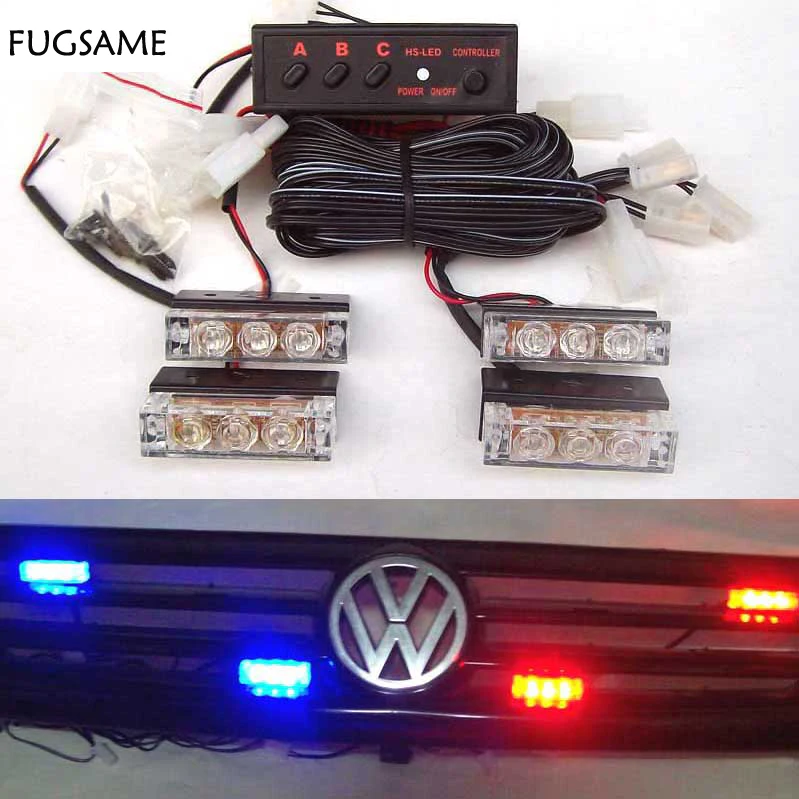 

4x3 LED Red Blue Amber Yellow strobe light led flash light Fire Flashing Blinking Strobe Emergency Car Lights Kit