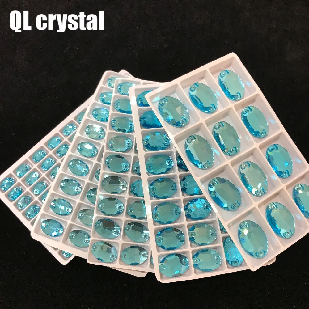 

ALL Size Lake Blue Oval Sew On Crystal Rhinestones Flatback with 2 holes for Making wedding dress bags shoes accessories