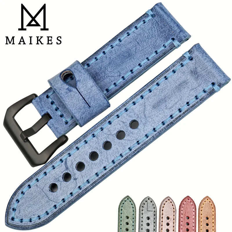 MAIKES Genuine leather watch strap 22mm 24mm vintage English bridle leather watchband watch accessories for Panerai watch band