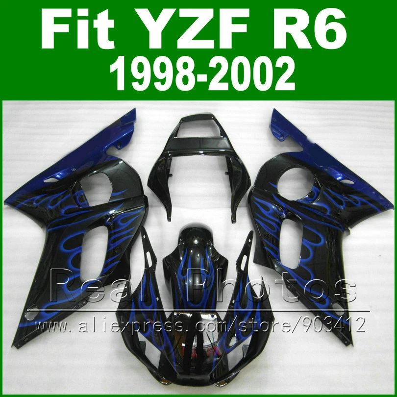 Free Custom Plastic parts for YAMAHA R6 fairing kit 1998 1999 2000 2001 2002 black  blue flame YZF R6 fairings 98-02 bodywork