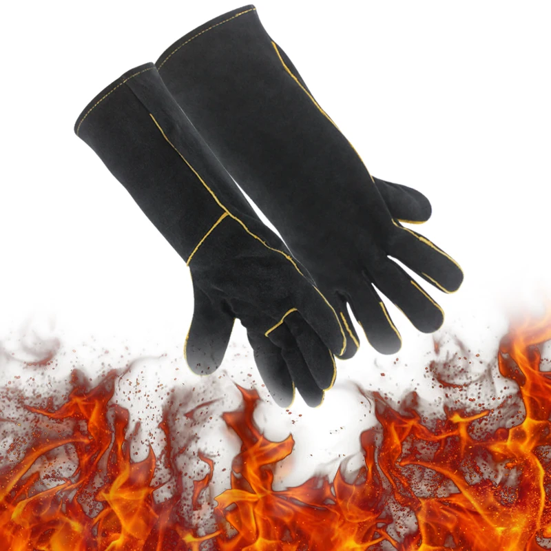 Black Welding Work Gloves For Gardening/ Wood Stove/ Anti-bite/ Heavy Duty / Fireplace /BBQ Heat Resistant Cow Split