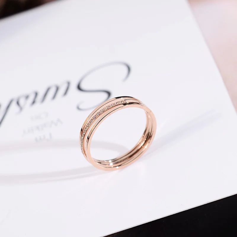 YUN RUO 2018 New Fashion 3 Layers Crystal Ring Rose Gold Color Woman Gift Party Titanium Steel Jewelry Not Fade Drop Shipping