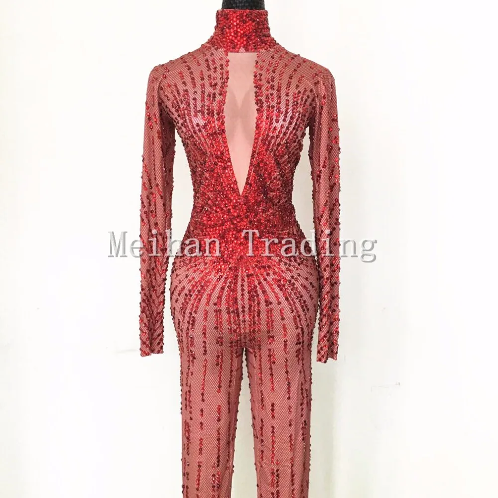 แฟชั่นเซ็กซี่สีแดงคริสตัล Bodysuit Nightclub RomperStage เต้นรำ Rhinestones Jumpsuit เครื่องแต่งกายนักร้องหญิงสวมใส่