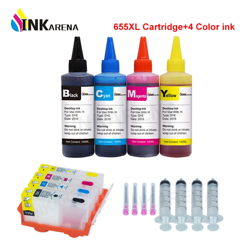 INKARENA 655XL Compatible for HP 655 Refillable ink Cartridge Deskjet ink advantage 4625 4615 3525 5525 + 4 Bottle Printer Ink