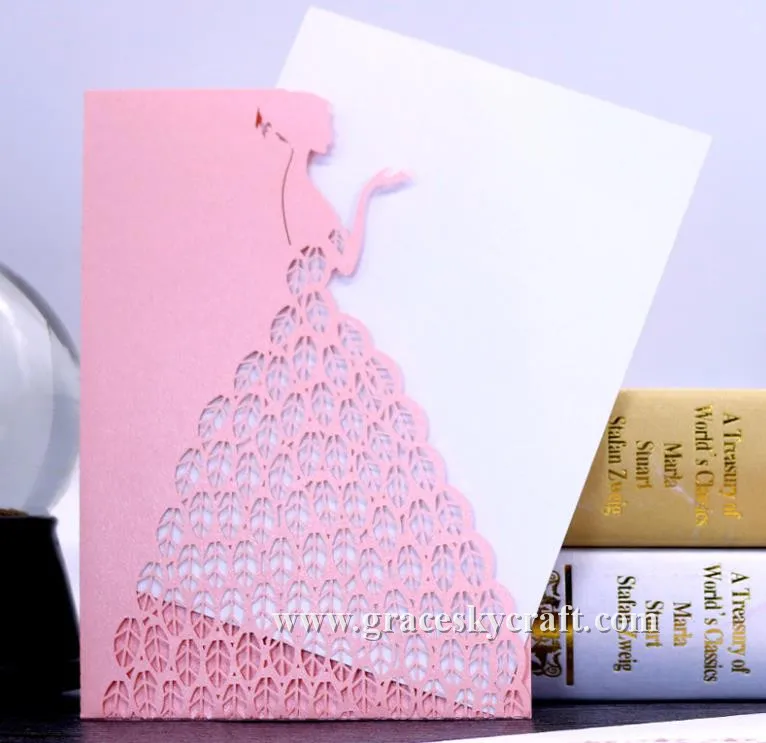 

50pcs NEW RED 23 COLORS Free Shipping Laser Cut Princess Girl pocket style Wedding Invitations Cards with inner Blank Cards