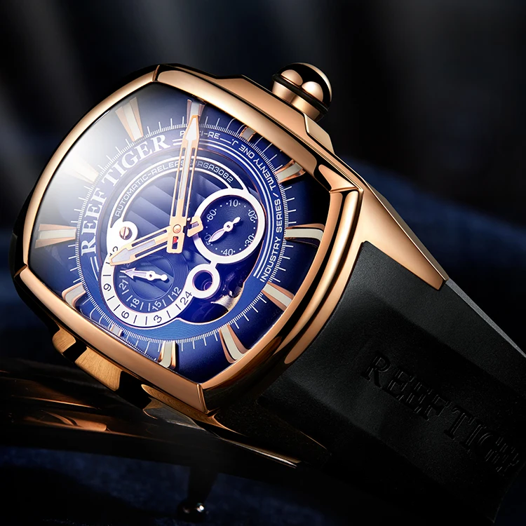 Reef Tiger/RT New Arrival Mens Rose Gold Case Blue Dial Rubber Strap Waterproof Automatic Watch RGA3069S