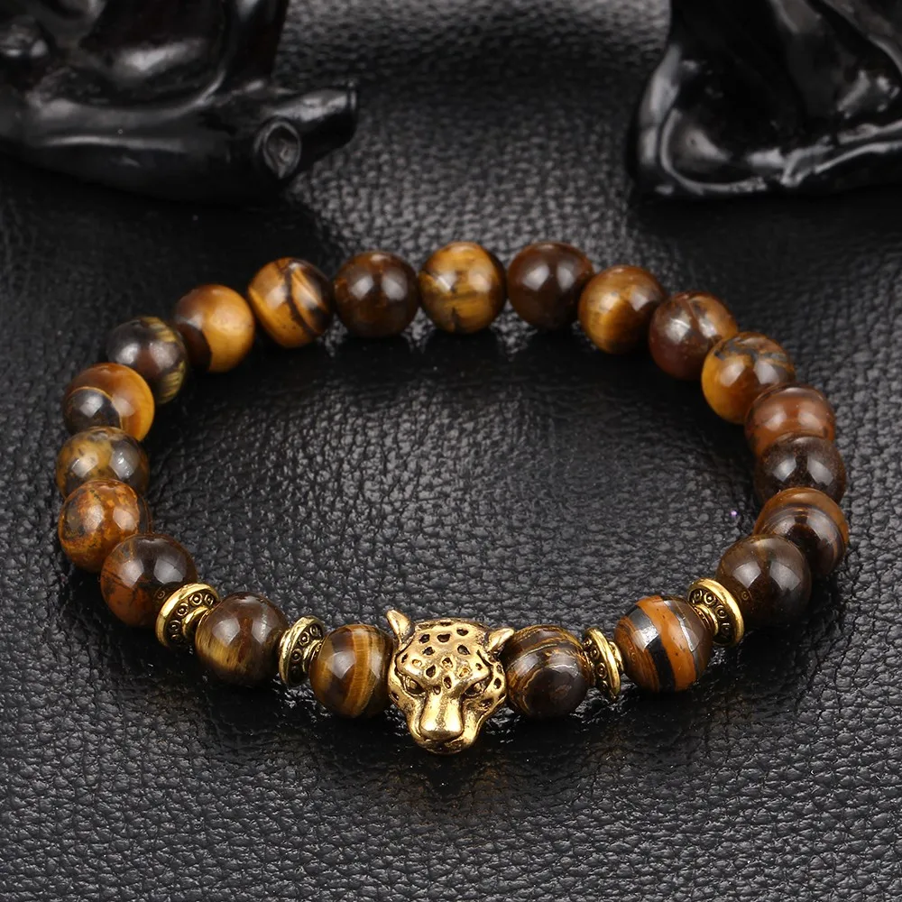 Dropship Gold Leopard Head Gold Color Tiger Eye Bead Buddha Bracelet For Men Fashion Male Punk Jewelry Bracelets & Bangles