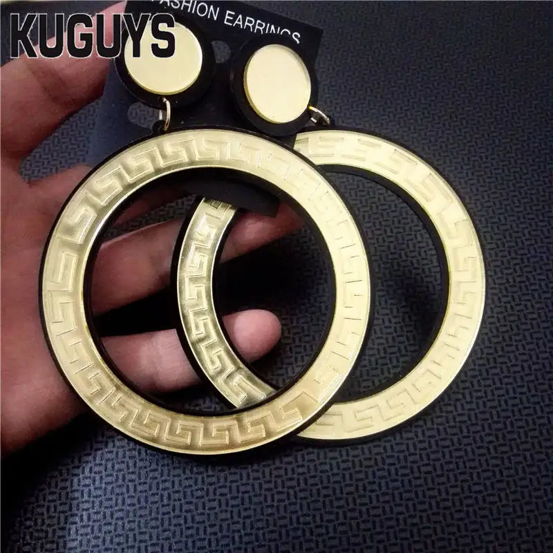 KUGUYS Round Hoop Large Earrings for Women Vintage Pattern Gold Silver Color Hyperbole Big Circle Acrylic Jewelry