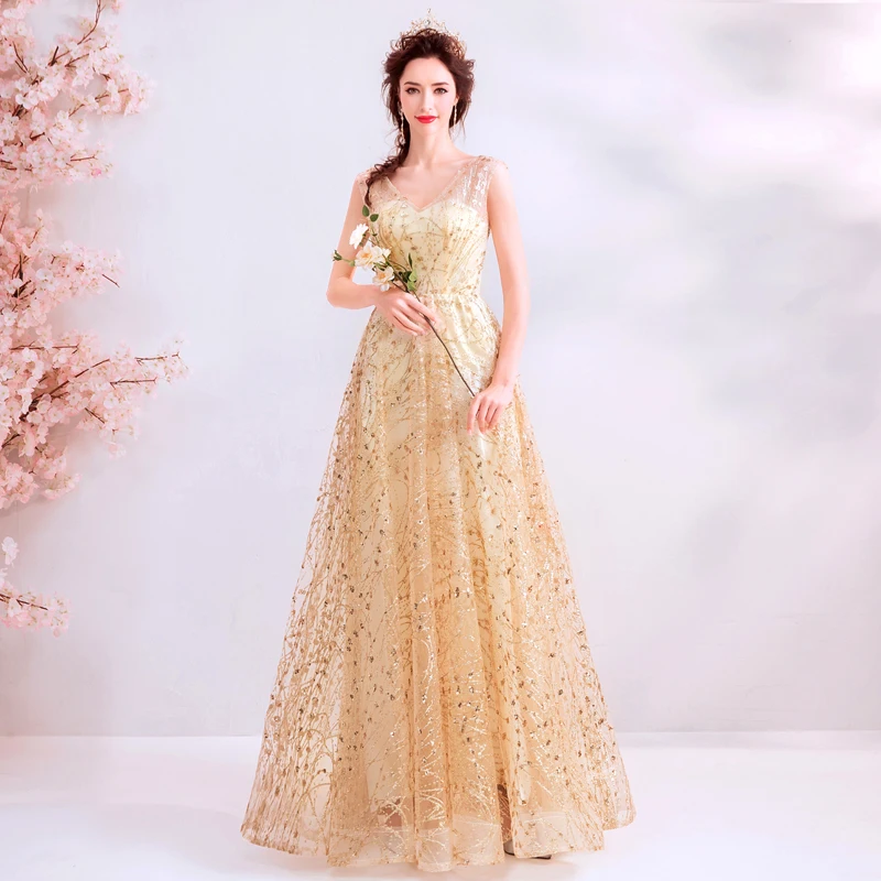 Glaring della principessa champagne oro Vestito Da Sera lungo lace up prom abito robe de mariee vestito da graduazione Una linea vestito per da sposa