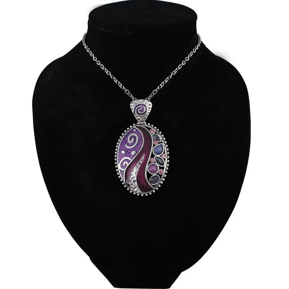 Fashion Boho Necklace Vintage Hollow Out Enamel Rhinestone Statement Charm Pendant Women Jewelry