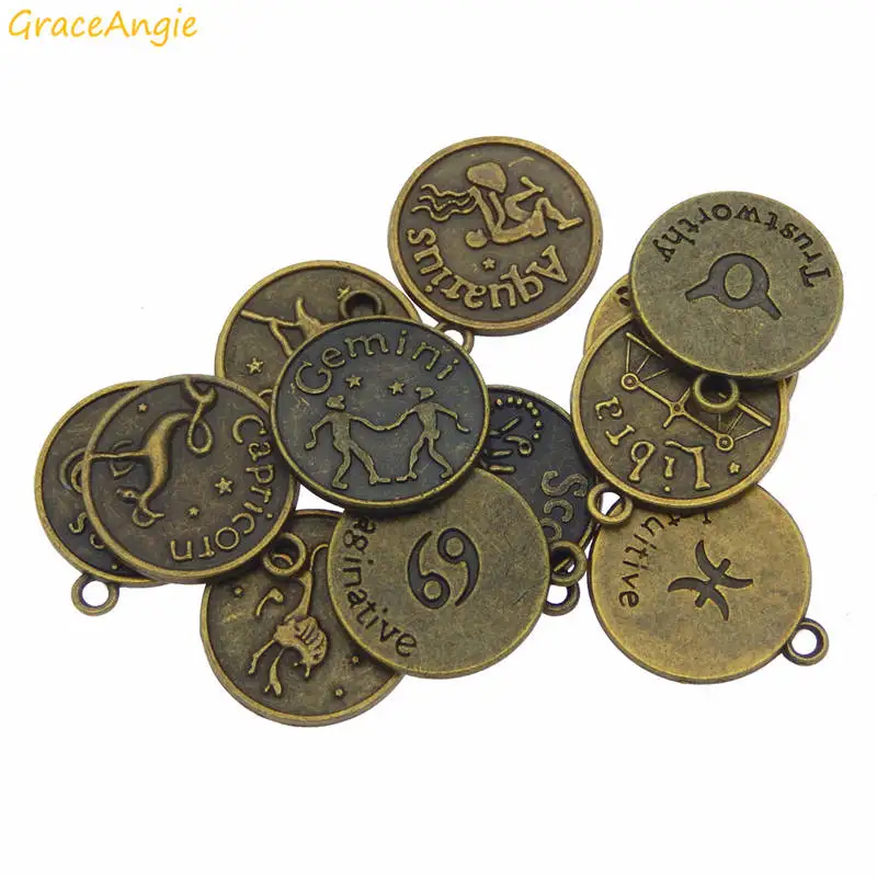 GraceAngie 12pcs/pack Antique Bronze Mixed zodiac Charms Double sided Pattern Zinc Alloy Necklace Bracelet Jewelry Making