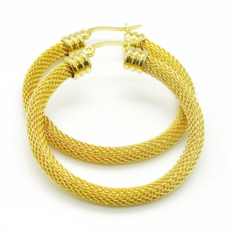 3 Size Gold Colour Women Gift Sale Fashion Jewelry Stainless Steel Mesh Wives Round Fancy Hoop Earrings