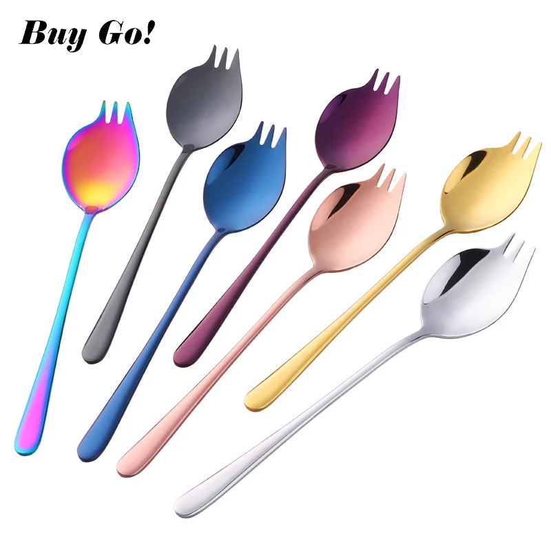 Creative 2 in 1 Salad Forks Spoon 304 Stainless Steel Three Tooth Multifunction Dessert Snack Fruit Forks Kitchen Tableware