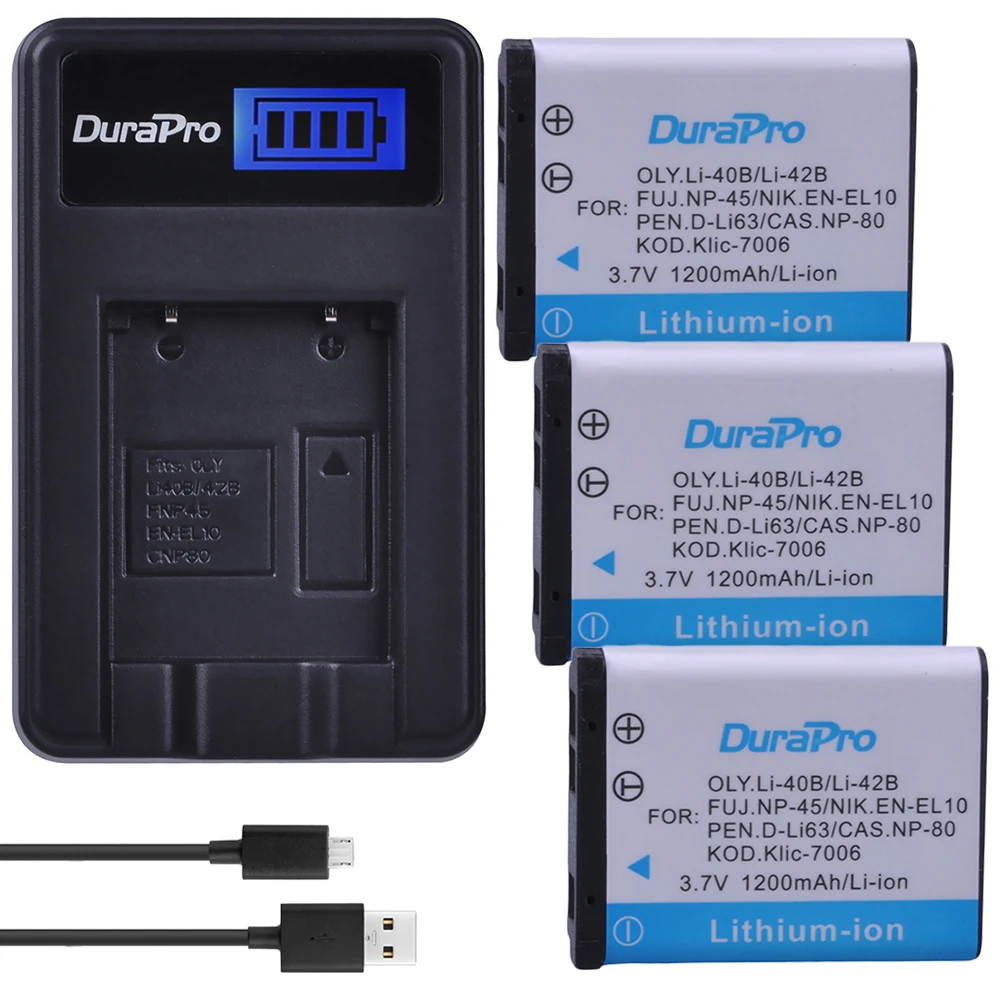 DuraPro 3pcs Li-40B LI-42B LI42B LI40B Battery + LCD USB Charger for FUJIFILM NP-45 NP 45 NP45 NP 45A 45B 45S For Nikon EN-EL10