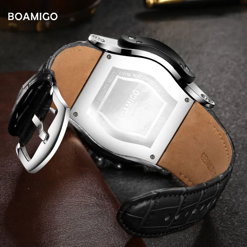 luxury mens watches BOAMIGO brand men quartz watch genuine leather wristwatches big dial auto date gift clock relogio masculino