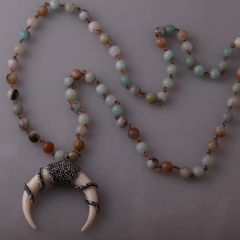 Fashion Bohemian Tribal Artisan Jewelry Rosary Chain Amazonite Stones Ox Horn Moon Pendant Necklace For Women