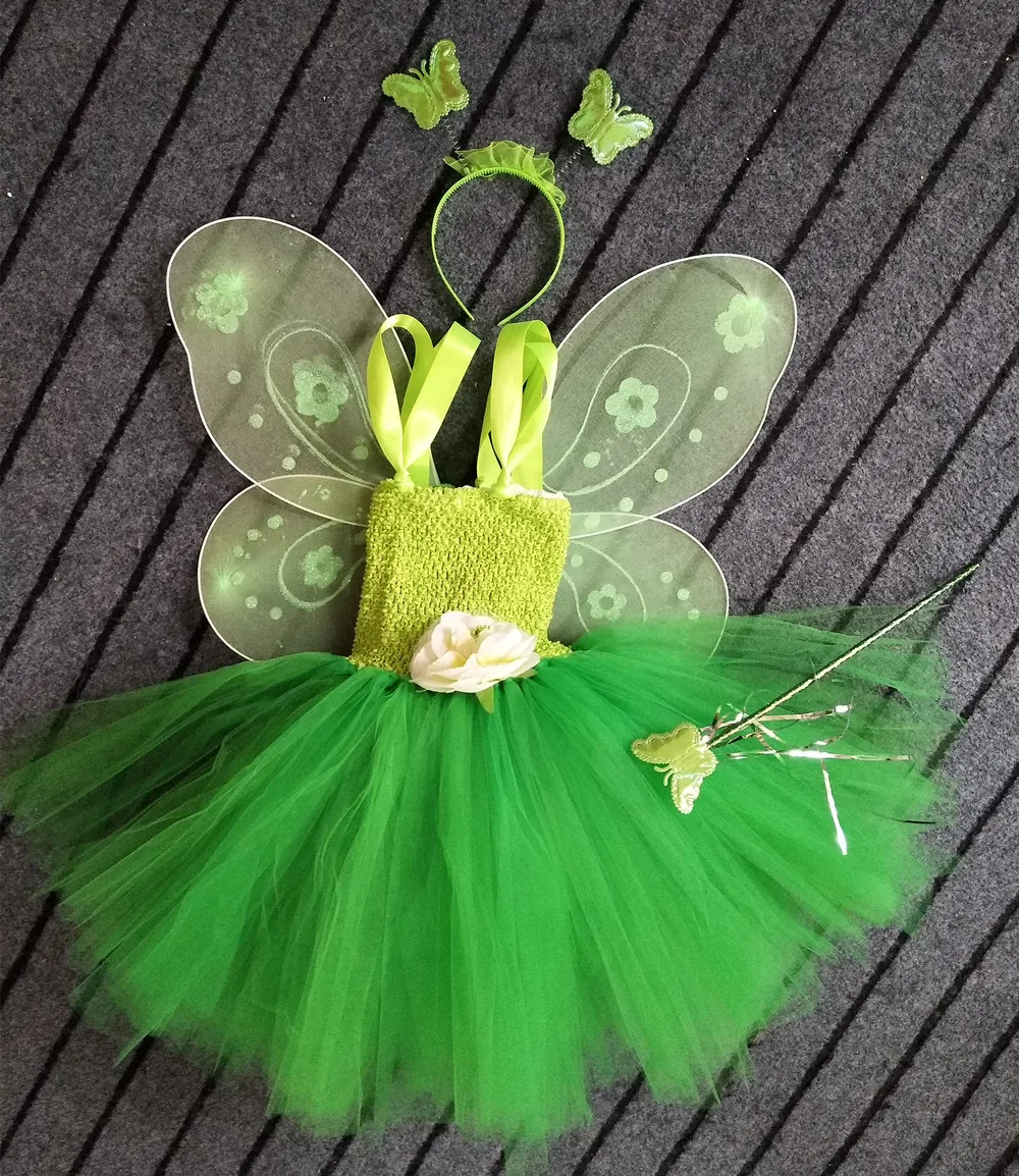 Girls Green Fairy Flower Tutu Dress Kids Fluffy 2Layer Tulle Tutus with Butterfly Wing Headband Set Children Cosplay Party Dress