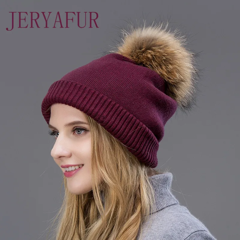 

Hot The Wool Knitted Hat Spring Autumn and Winter Warm Earmuff Woman's Cap with Fox Fur Pompom on The Top Two Types of Wear