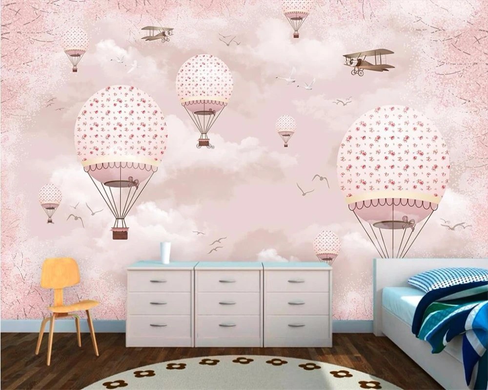 

Custom 3d Wallpaper home decoration self-adhesive relief material pink Background children's room cartoon hot-air balloon Murals