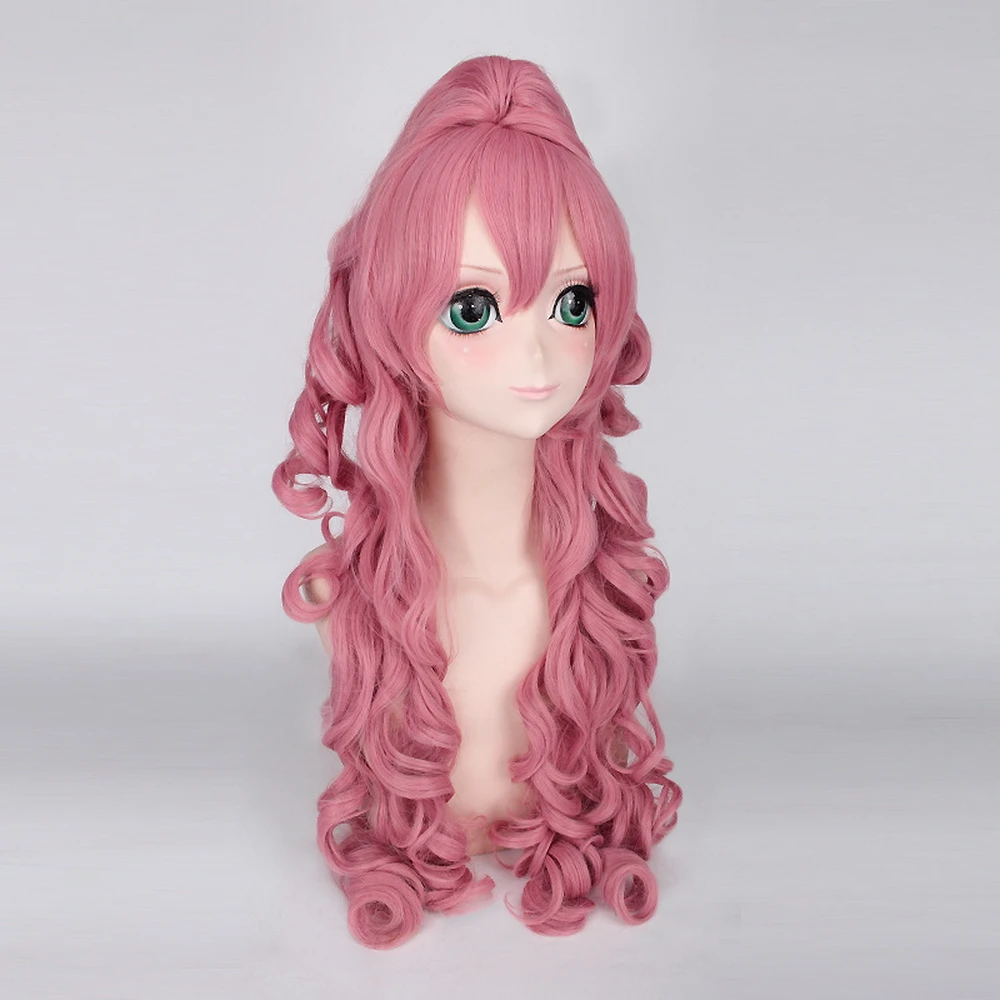 Anime Vocaloid RUKA-Peluca de cabello sintético para mujer, pelo largo rizado para disfraz de Cosplay, fiesta de Halloween, Rosa, con cola de caballo