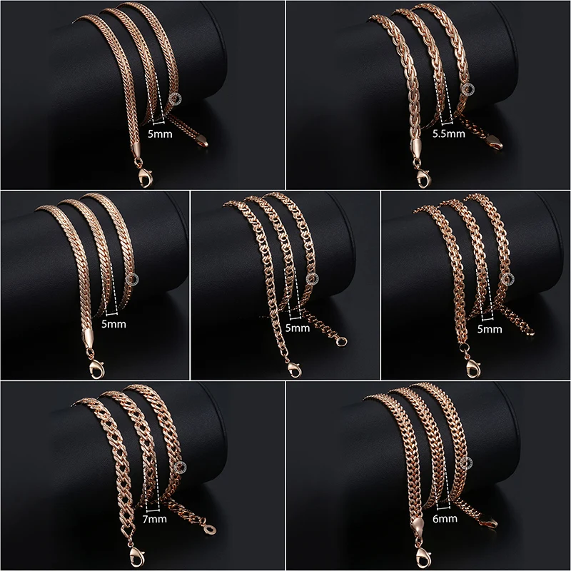 Necklaces 7Pcs/Lot 585 Rose Gold Color Curb Weaving Chains Necklace for Women Men Fashion Wholesale Jewelry 50cm60cm CNN1A