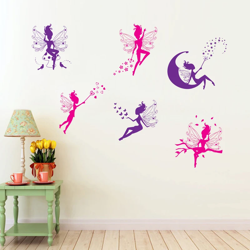 Cartoon Six Little fairy wall sticker for kids girls room home decor DIY art background decals decorations cute Elf stickers