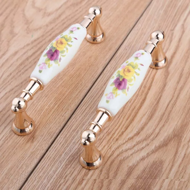 96mm 128mm modern fashion rural ceramic furniture handles bright golden kitchen cabinet dresser door handles flower porcelain 5