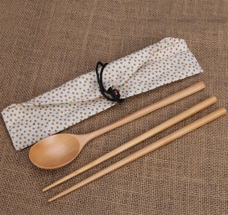 80set 2pcs/set Wood Chopsticks And Spoon With Pattern Bag Packaging Creative Personalized Wedding Favors Gifts Party SN1629