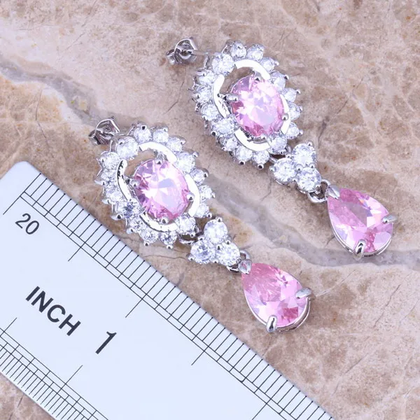 Trendy Pink White CZ Silver Plated Jewelry Sets Earrings Pendant Ring Size 6 / 7 / 8 / 9 / 10 Free S0048