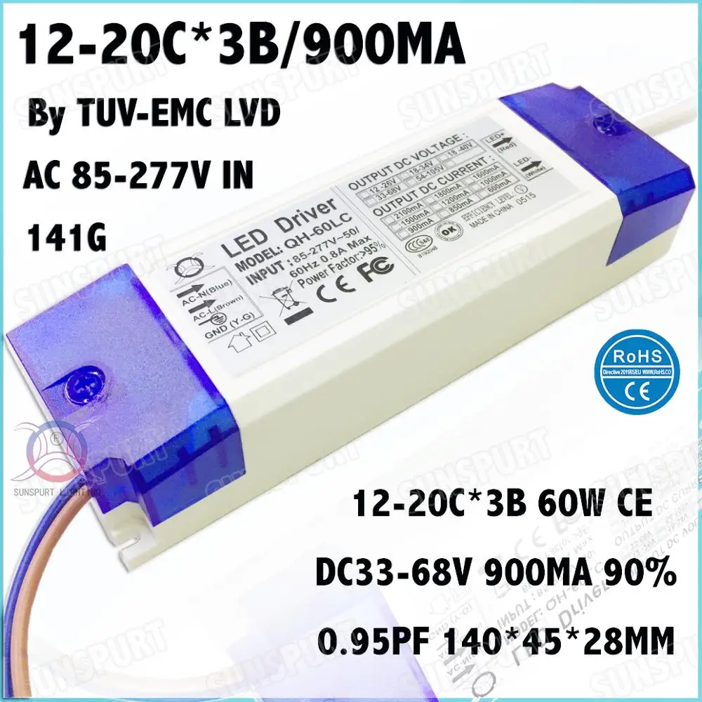 

2 Pcs By TUV-CE 60W AC85-277V LED Driver 12-20Cx3B 900mA DC35-68V EMC LVD Constant Current LEDPower For Spotlights Free Shipping